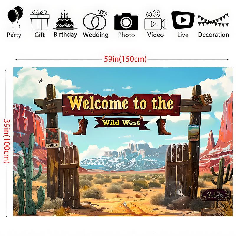 1 Wild West Welcome Polyester Background - Cowboy Boots and Cactus Desert Scenes, Suitable for Western Parties, Birthdays