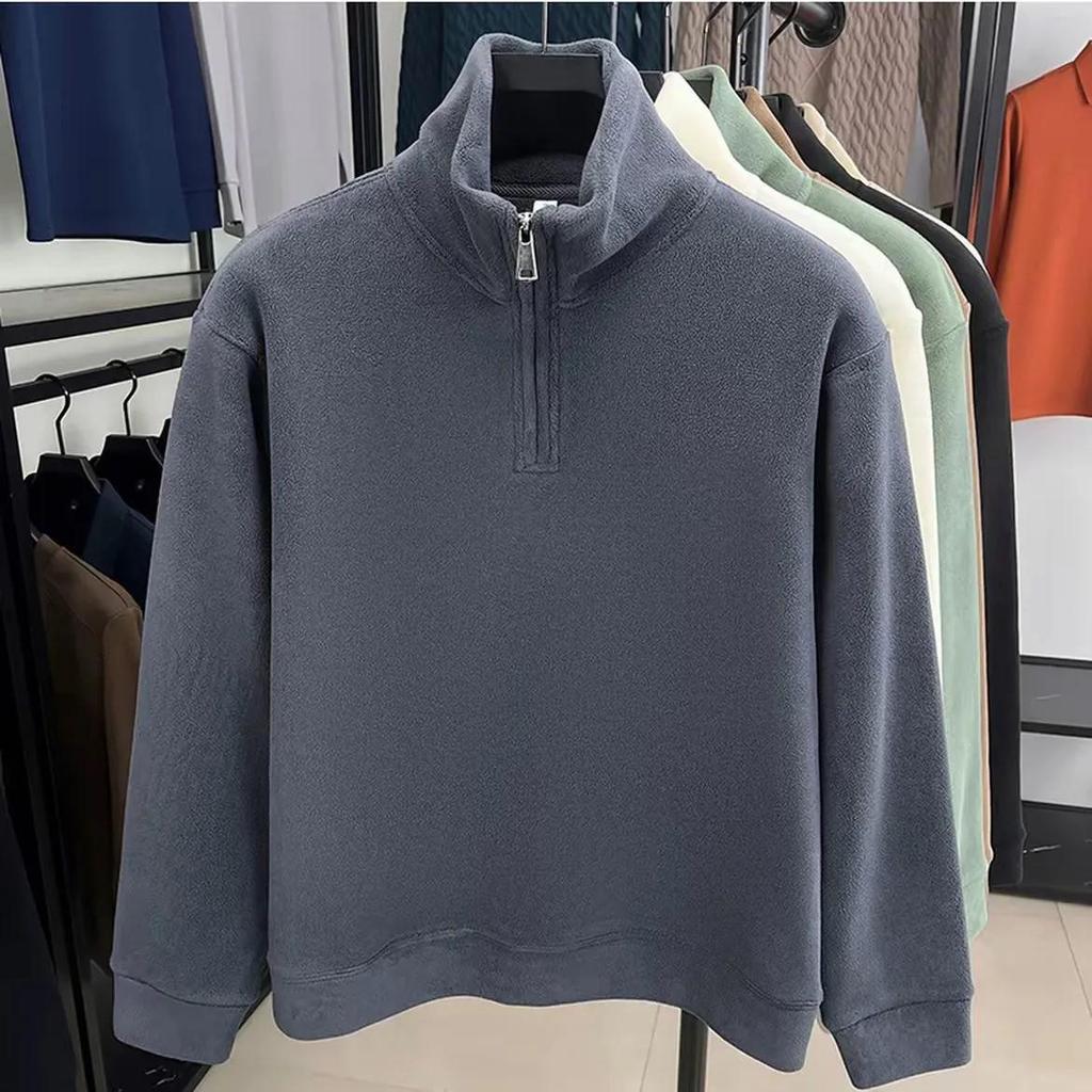 Herren Uni-Farbe Stehkragen Fleece Hoodie, Herbst/Winter 2025 Warm Langarm Halbreißverschluss Oberteil