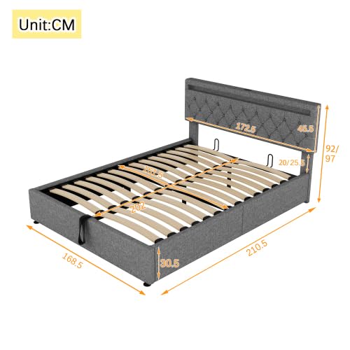 Upholstered Bed 160x200cm Hydraulic Double Bed Slat Base Headboard Outlets Ambient Lighting Storage Space Adults Teenagers Without Mattress Grey