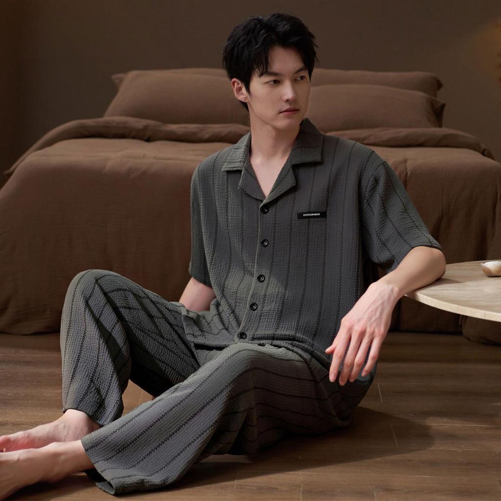 Men's Long-Sleeve Woven Gauze Pajama Set for Spring/Autumn