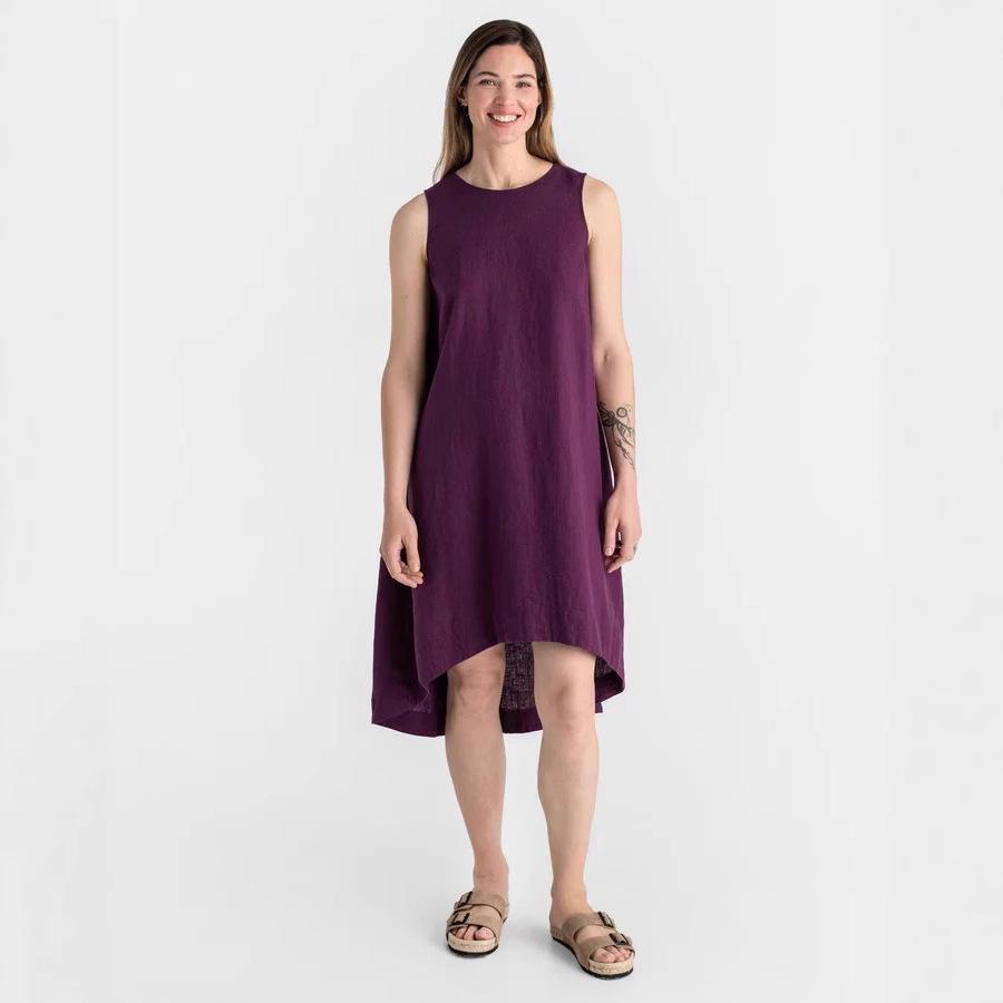 Summer Cotton Linen Solid Color Sleeveless Irregular Round Neck Long Dress