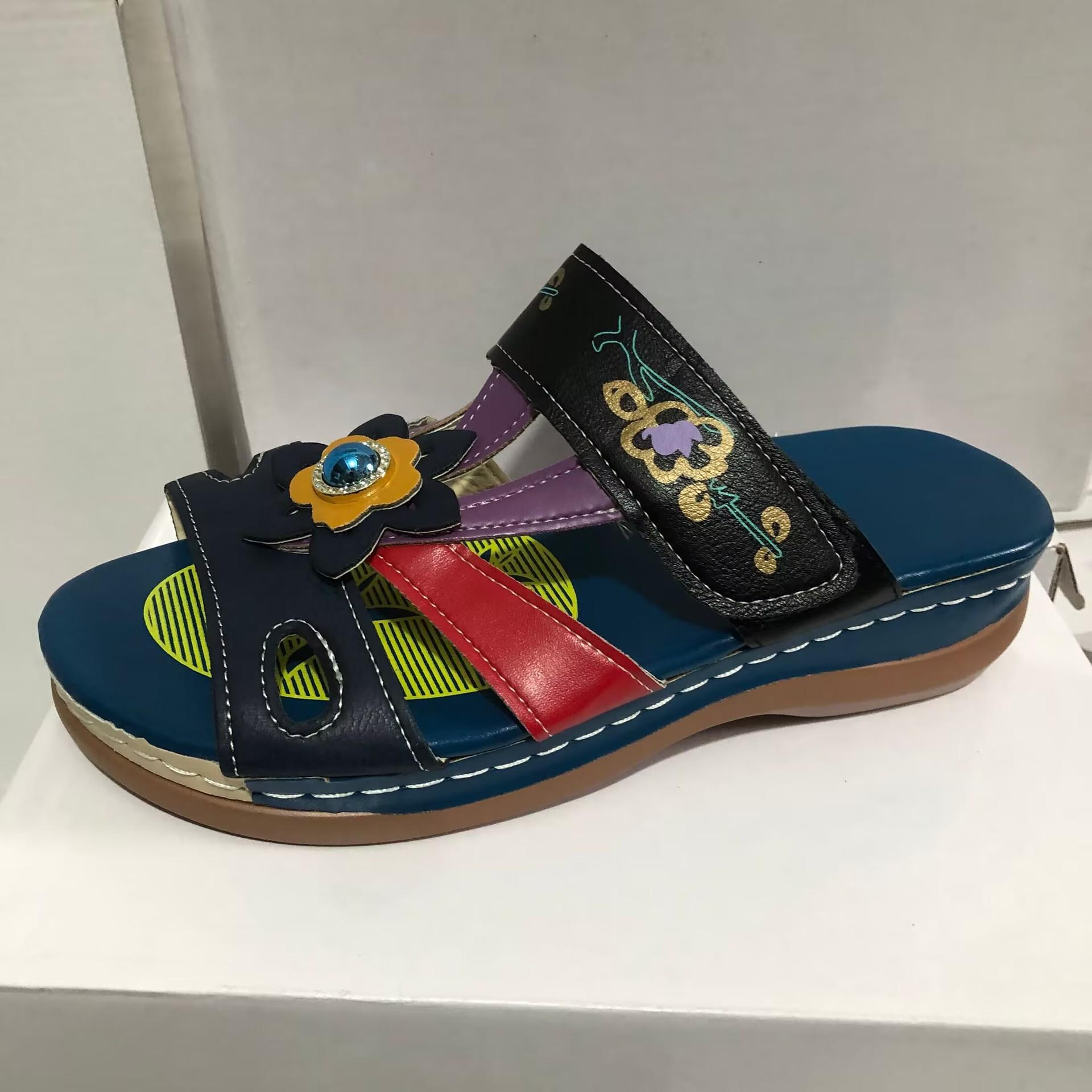 

Летние новые этнические горные хрустали на танкетке, крутые шлепанцы женские, wish, независимая станция, большой размер, цветочные сандалии на плоской подошве 35