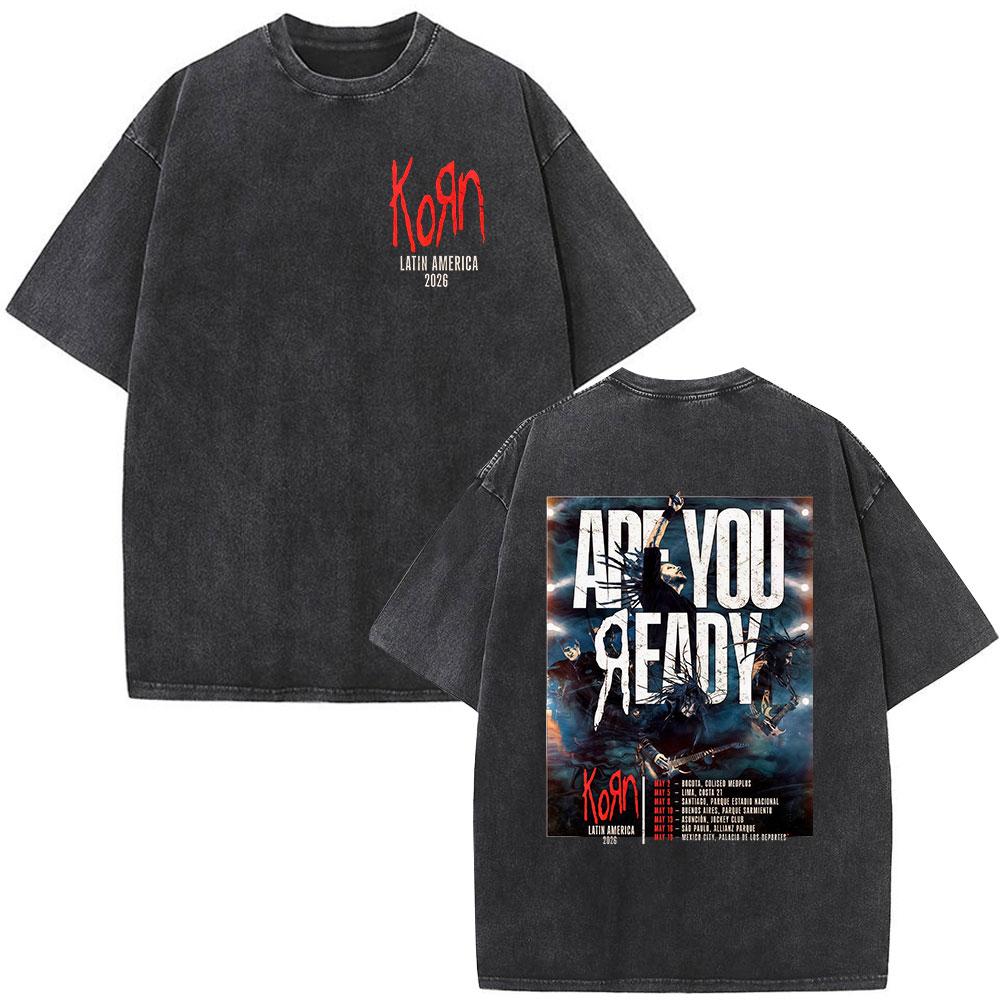 Korn Europe Tour Vintage Washed T Shirt Fan Gifts Metal Gothic Rock Band Tshirts Mens Clothing Casual Short Sleeve Tshirt
