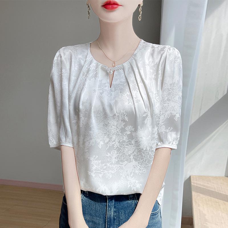 Cross2025 Summer Chiffon Five-Sleeve Jacquard Top - Serene Black XXL
