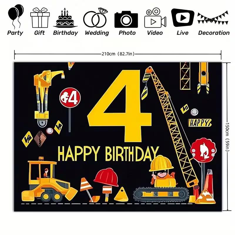 2D Kids Construction 4th Birthday Backdrop - Boys Party Photo Booth Background