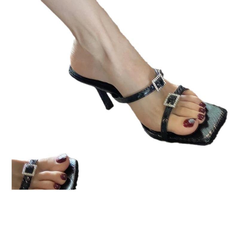 2025 new square head open-toed black high heels women's summer slippers thin heels versatile not tired feet with sandals