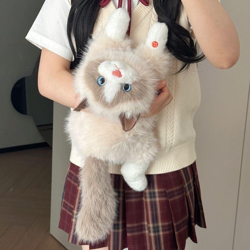 Soft Voiced Cat Plush Toy Simulation Ragdoll Doll with Bib Adorable Stuffed Toy for Desk Bedroom