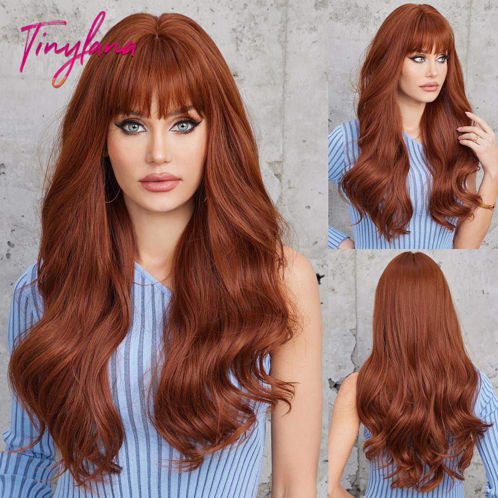 Light Pink Long Wavy Cosplay Synthetic Hair Wigs with Bangs for White Women Afro Lolita Water Wave Halloween Heat Reisitant Wig