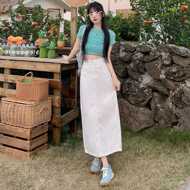 

Women s High Waist Slit Denim Midi Skirt - New Summer Petite A-line Retro Bodycon Style S