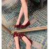 French temperament gentle square head metal buckle bow thick heel commuting versatile light mouth red gentle single shoes women's autumn