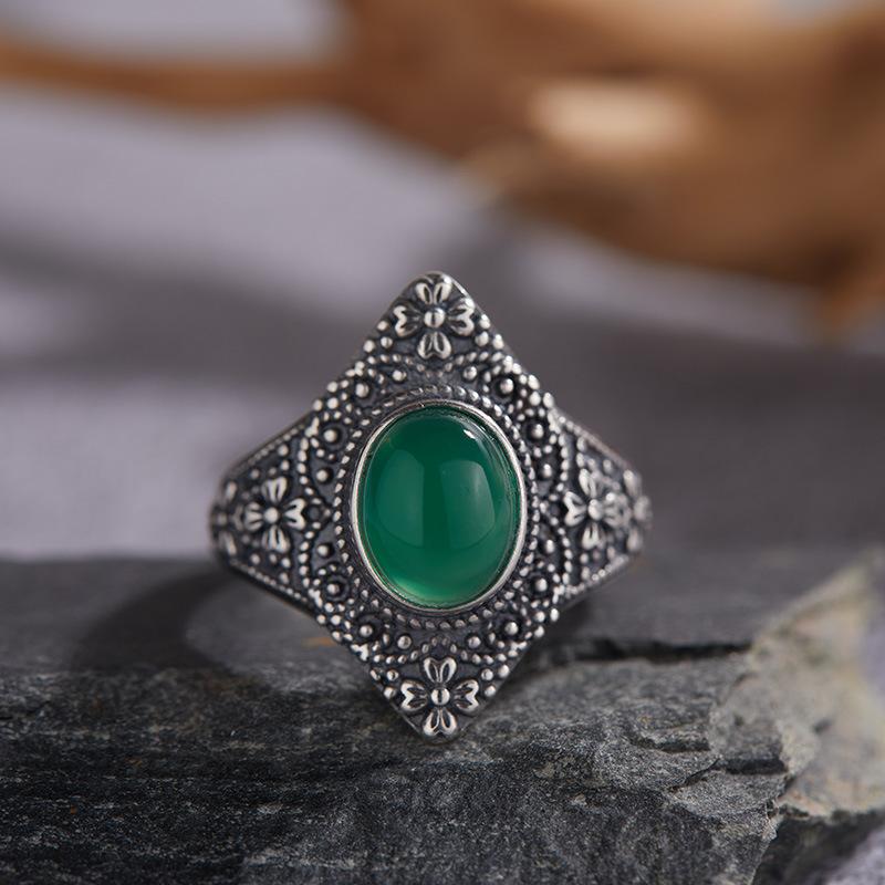 Vintage S925 Sterling Silver Inlaid With Natural Malachite Blue Gold Green Chalcedony Thai Silver Ring Women'S Court Open Ring