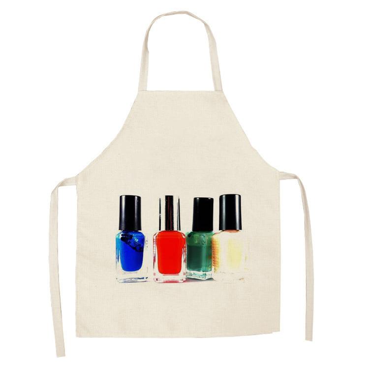 New Linen Colorful Nail Polish Cosmetics Theme Print Kitchen Aprons Unisex Dinner Party Cooking Bib Funny Cleaning Apron Barber