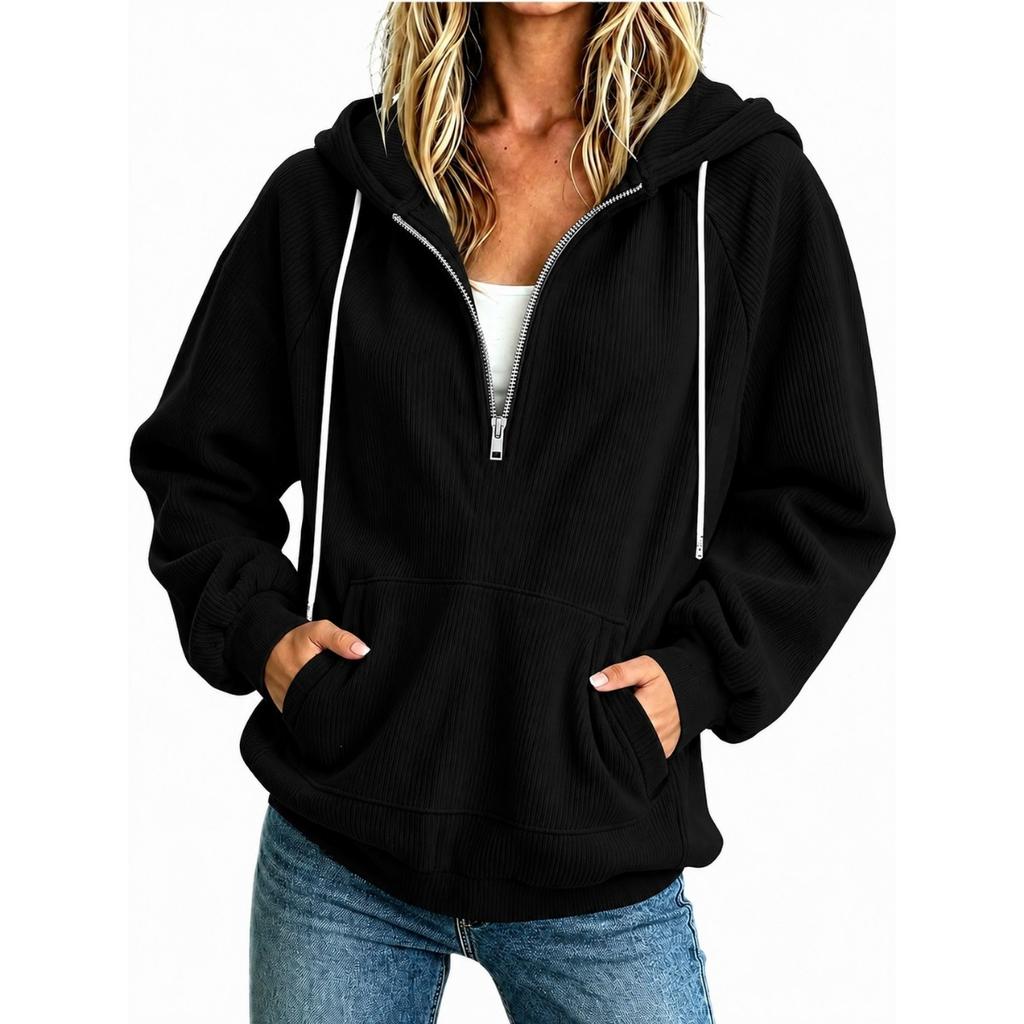 Autumn Winter New Women's Sweatshirt, European American Style Half Zip Hoodie, Loose Long Sleeve Drawstring Casual Top for Women