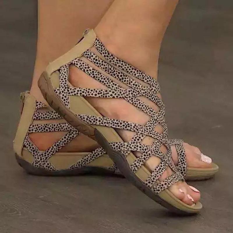 Summer Women Sandals Round Toe Hollow Wedges Sandals Casual Closed Toe Flat Rome Sandals Plus Size Leopard Sandalswer4