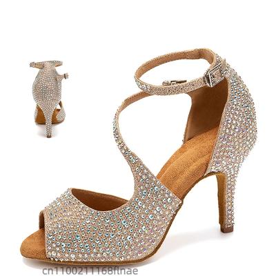 Nuevos Zapatos de Baile Latino para Mujer con Tacón Alto y Pedrería, Zapatos de Jazz de Suela Blanda para Mujer con Suelas Blandas