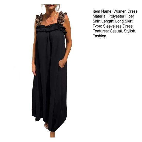 Women's Sleeveless Maxi Dress Ruffle Strap Square Neck Long Dress Casual Boho A-line Dress with Pocket Summer Beach Sundress