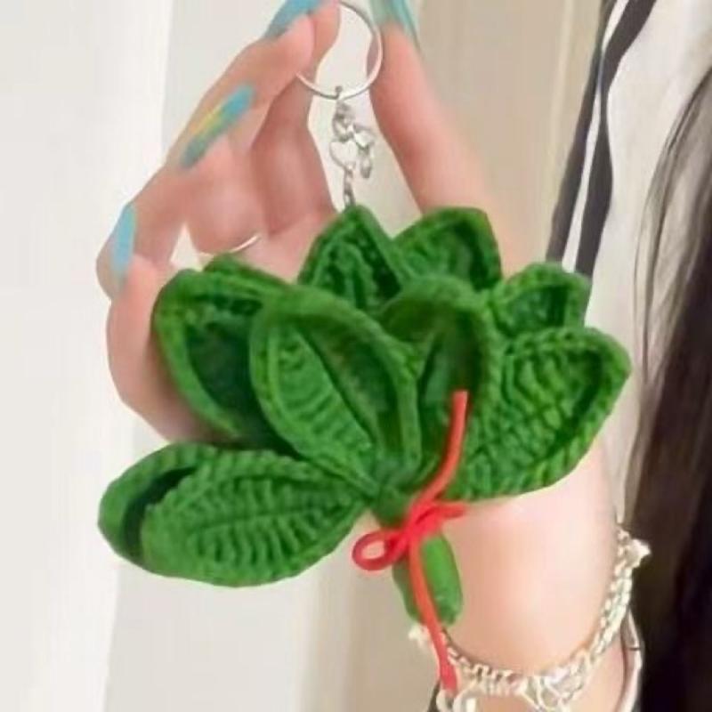 Hand-Crocheted Pomelo Leaf Keyring Diy Yarn Green Leaf Keychain For Dispelling Bad Luck Home Bedroom Decoration Birthday Gift