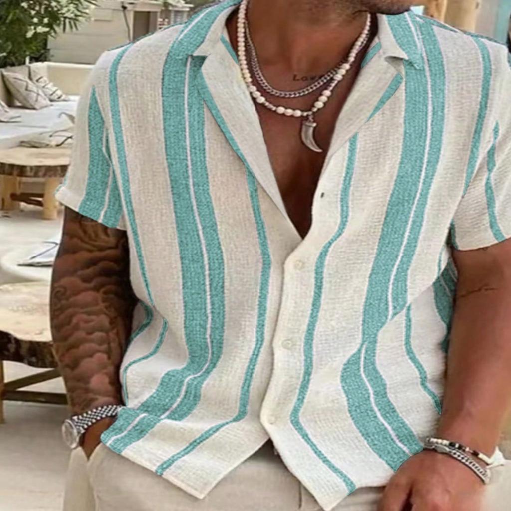 Men's Retro Lapel Vertical Striped Short-sleeved Shirt Casual Breathable Top Suitable For Daily Commute Beach Vacation