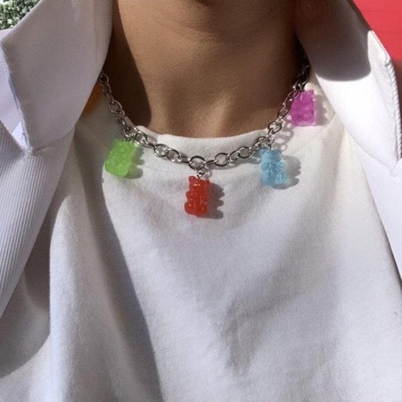 Y2K Rainbow Bear Chunky Chain Necklace - Colorful Resin Pendant for Spicy Sweet Girls