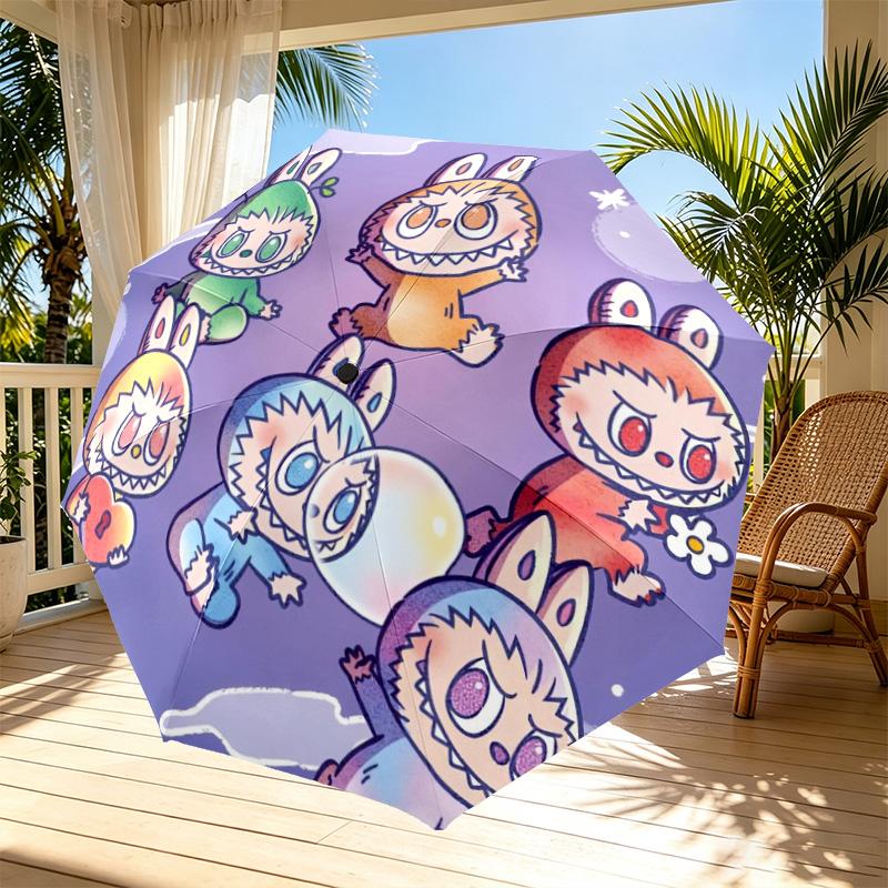 Labubu Print Automatic Open Close Umbrella, Portable Foldable Umbrella, for Outdoor Commute Camping Trip, Ideal Birthday Gift