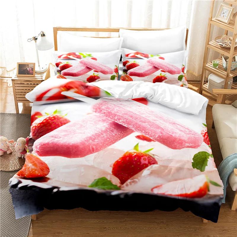 Dessert Theme Bedding Set Microfiber Ice Cream Donuts Pizza Fruits Pattern Duvet Cover Single King For Kids Adults Bedroom Decor