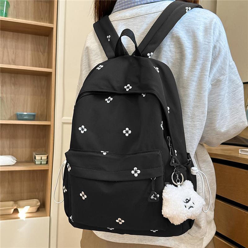 Cute Floral Embroidered Nylon Backpack for Women & Teens – Pastel Green Design with Multiple Pockets, Perfect for School and Daily Use