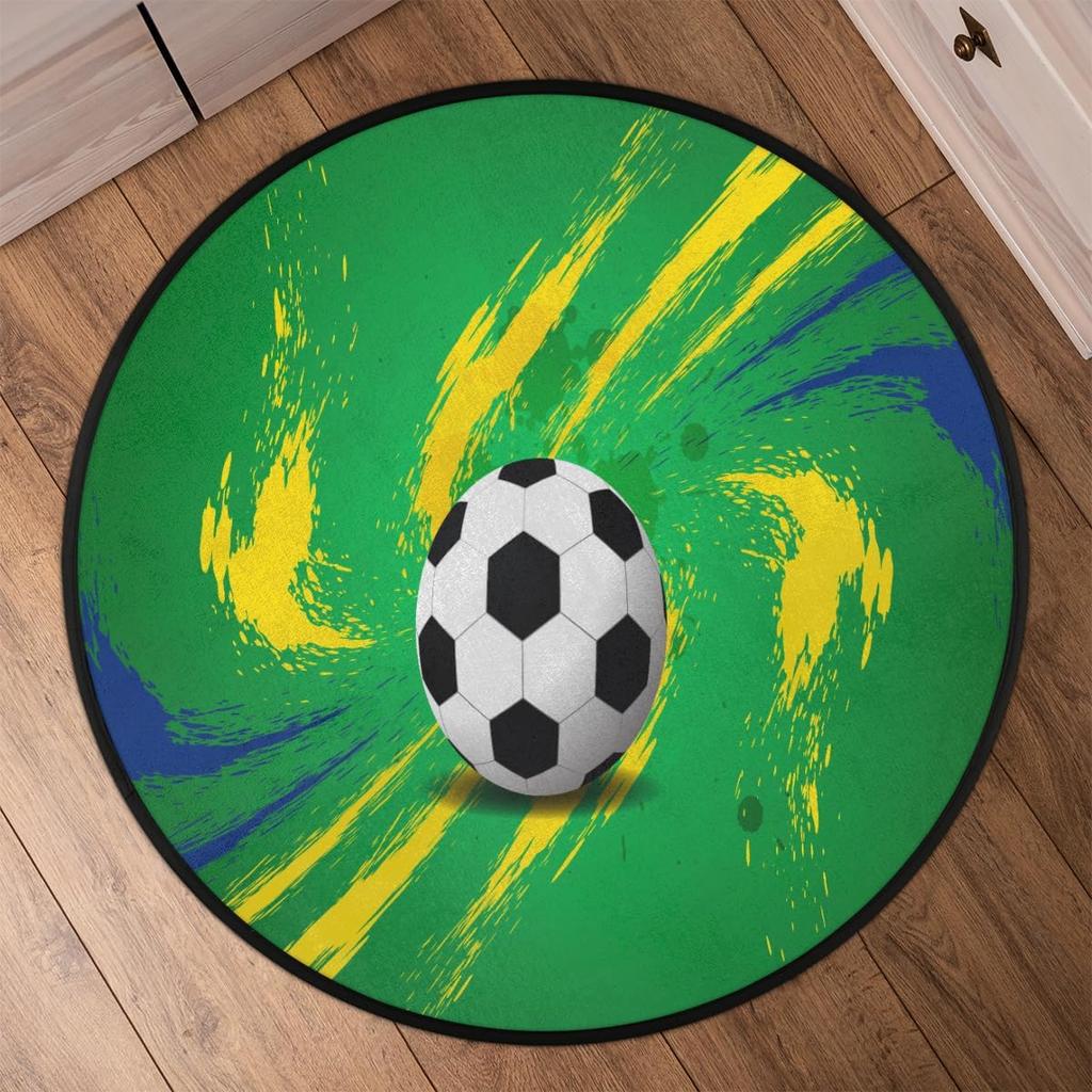 Sports Balls Soccer Balls Round Rug,Washable Soft Circular Floor Mat, Non Slip Low Pile Area Rugs for Kids Room Bedroom Bathroom