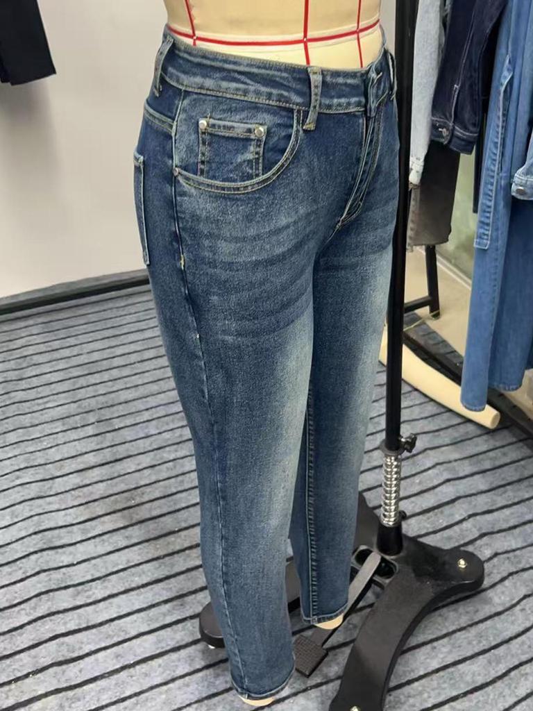 European & American Cross-Border Mid-Waist Washed Stretch Butt-Lifting Women's Skinny Jeans
