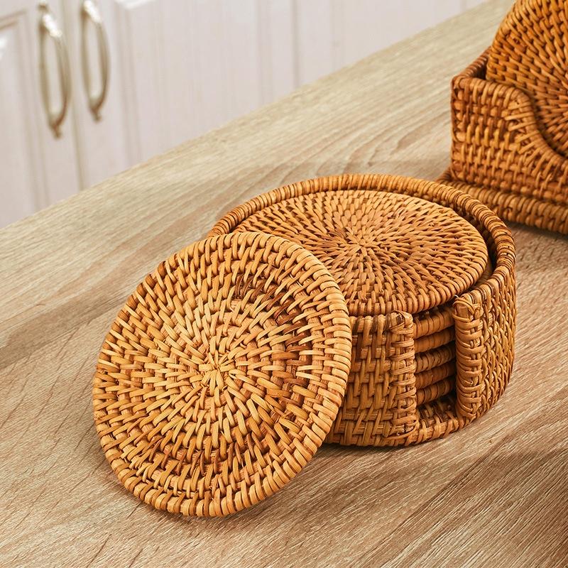6Pcs/ Drink Coasters Set for Kungfu Tea Accessories Round Tableware Placemat Dish Mat Rattan Weave Cup Mat Pad