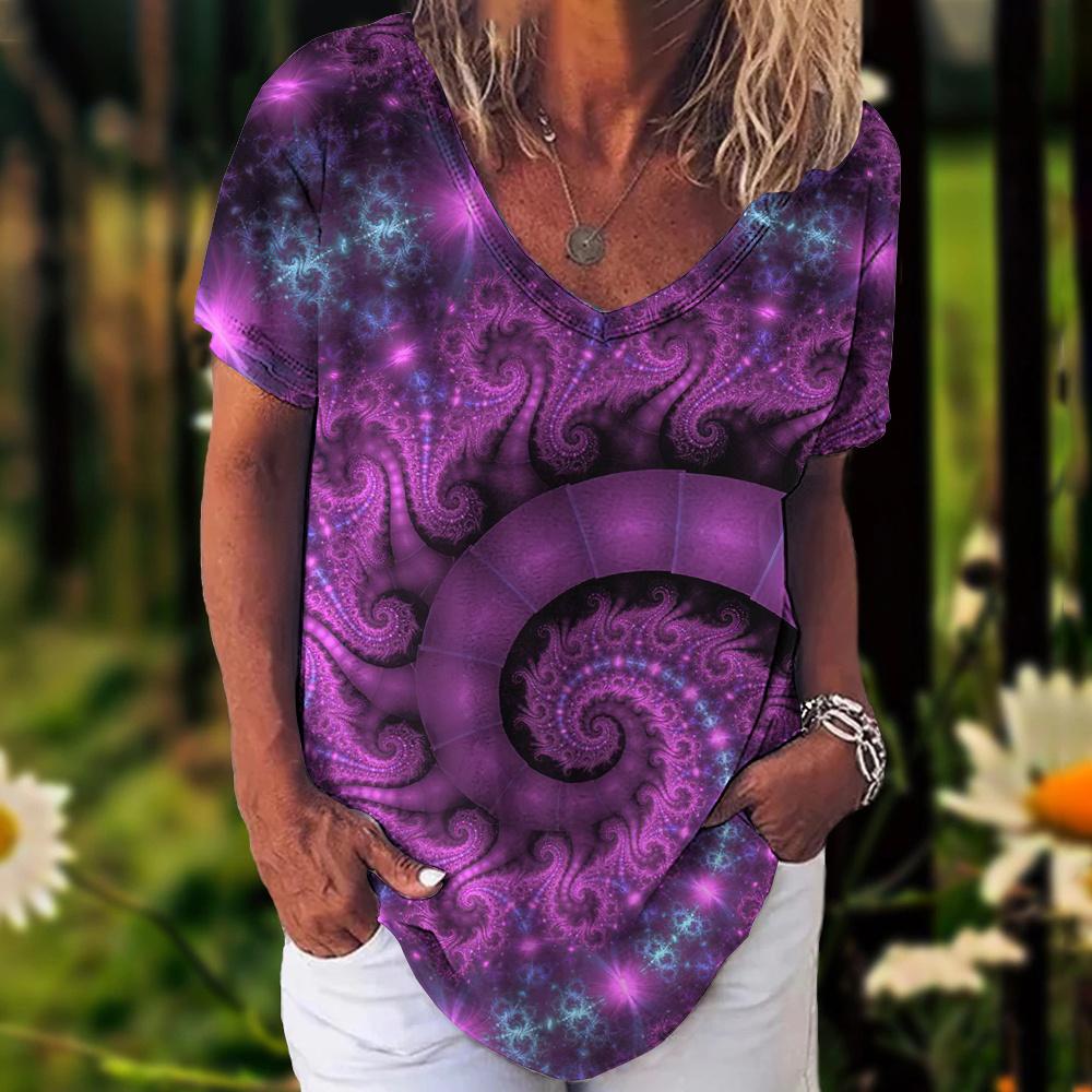 Summer New Women T Shirt 3d Flower Print V-neck Short Sleeve Blouse Fashion Plus Size T-shirts For Women Clothing Y2k Female Tee