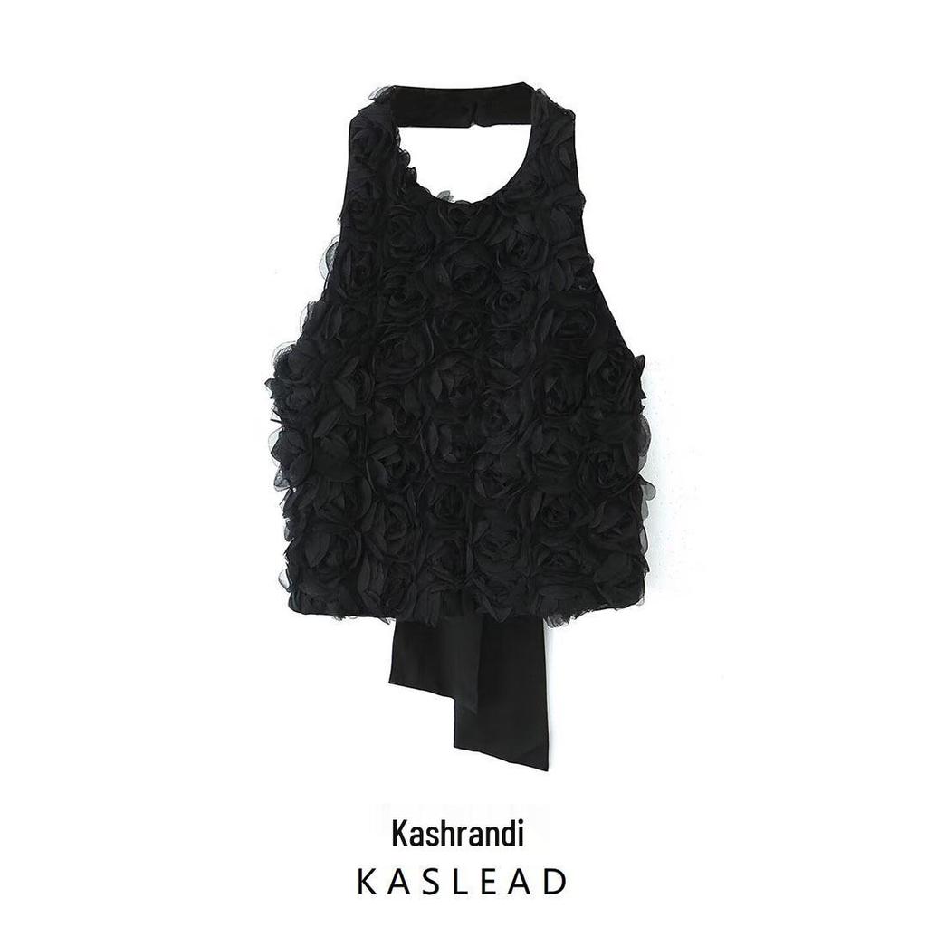 Spring 2025 Women's European & American Style 3D Floral Slim Backless Halter Top