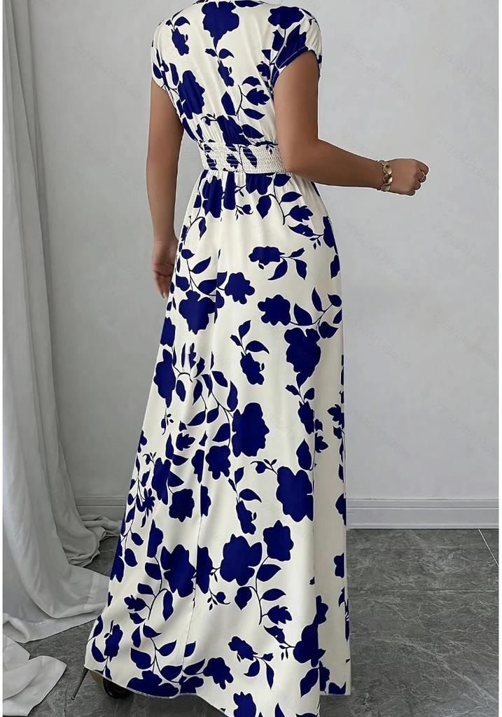 Rose Print V-neck Short-sleeved Slim Dress - Elegant Summer Women's Clothing 2026