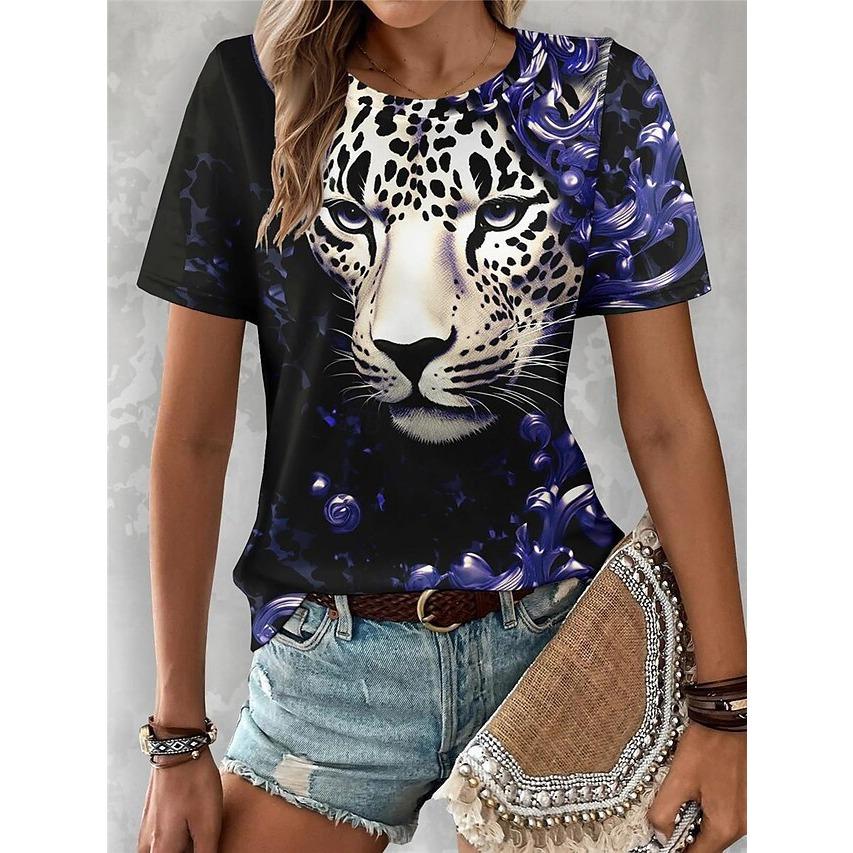 Summer Round Neck Leopard Floral Pattern 3D Print Top Fashionable Casual Short Sleeved Women's T-shirts