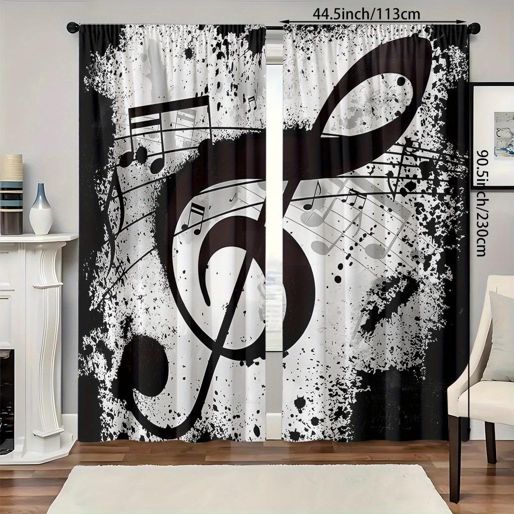2pcs, Polyester Material, HD Digital Printing Black and White Musical Note Pattern, Light Filtering Curtain, Suitable for Bedroo