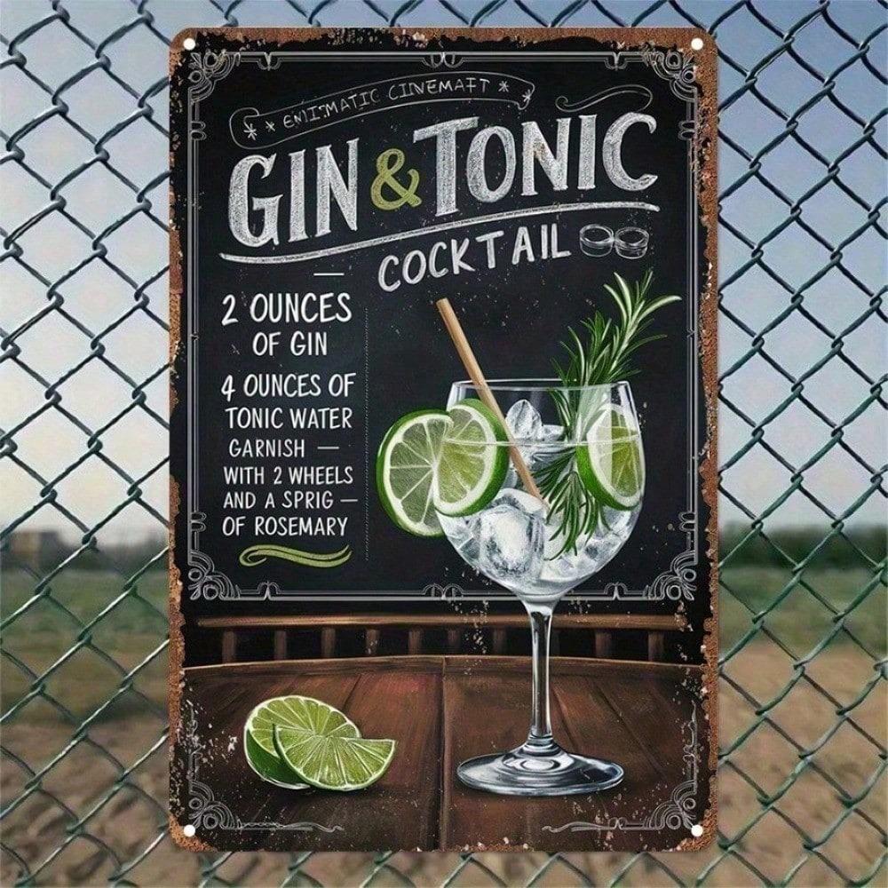 Vintage Cocktail Bar Sign Retro Gin Tonic Metal Wall Plaque Durable 2D Aluminum Wall Art for Home Bar Kitchen Decor 20x30cm