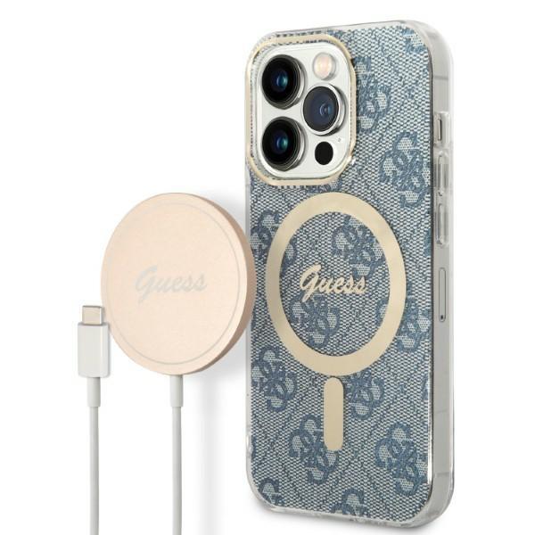 Guess GUBPP14XH4EACSB Case+ Charger Set iPhone 14 Pro Max 6.7" blue/blue hard case 4G Print MagSafe