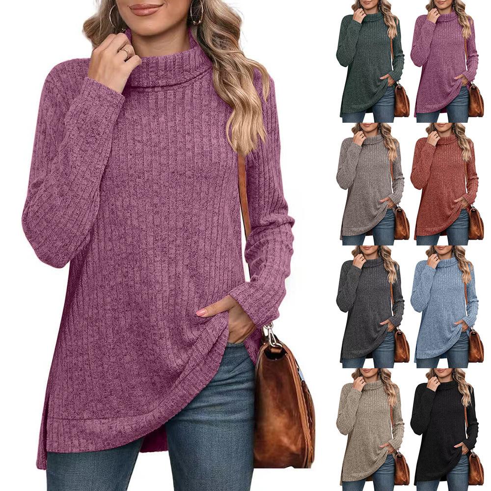 New Autumn Winter Fashionable Comfortable Solid Color High Neck Slit Groove Loose Top Versatile Women's Long Sleeved T-shirt