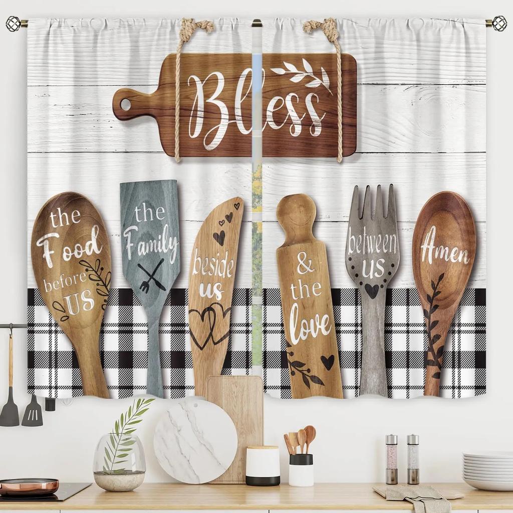 2pcs Farmhouse Kitchen Curtains Rustic Country Short Fork and Spoon Knife Savor Vintage Cafe Curtains For Bedroom Living Room