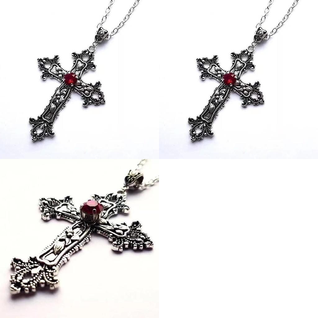 Gothic Dark Red Ruby Cross Necklace Vintage Floral Pendant For Unisex Fashion Lovers