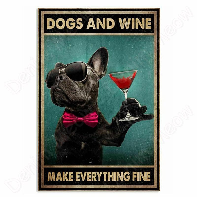 Vintage Bulldog Tin Sign for Home Wall Decor, A Woman Cannot Survive On Wine Alone, Funny Cat, Dog Metal Sign, Bar Decor