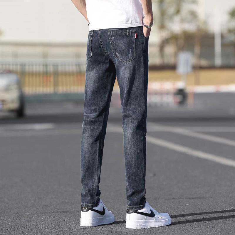 Men's Slim Straight Jeans Elastic Waist Drawstring Trendy Skinny Pants Stretchy Fashionable Durable Long Pants