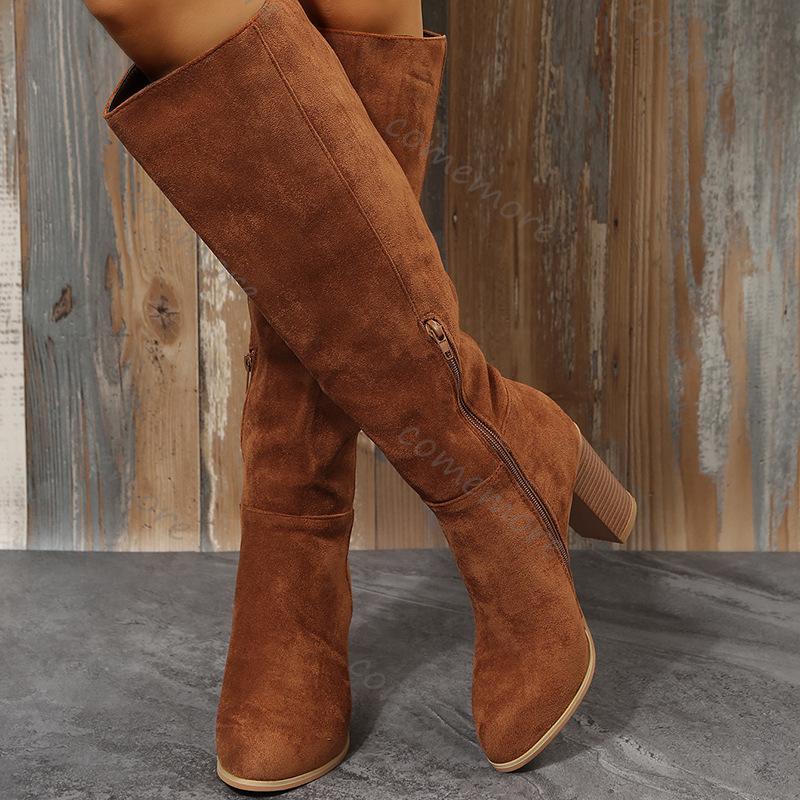 Fashion Comemore Retro Knee High Suede Long Boots Women Autunn Winter Side Zipper High Heels Solid Western Cowboy Botas Women's Shoes