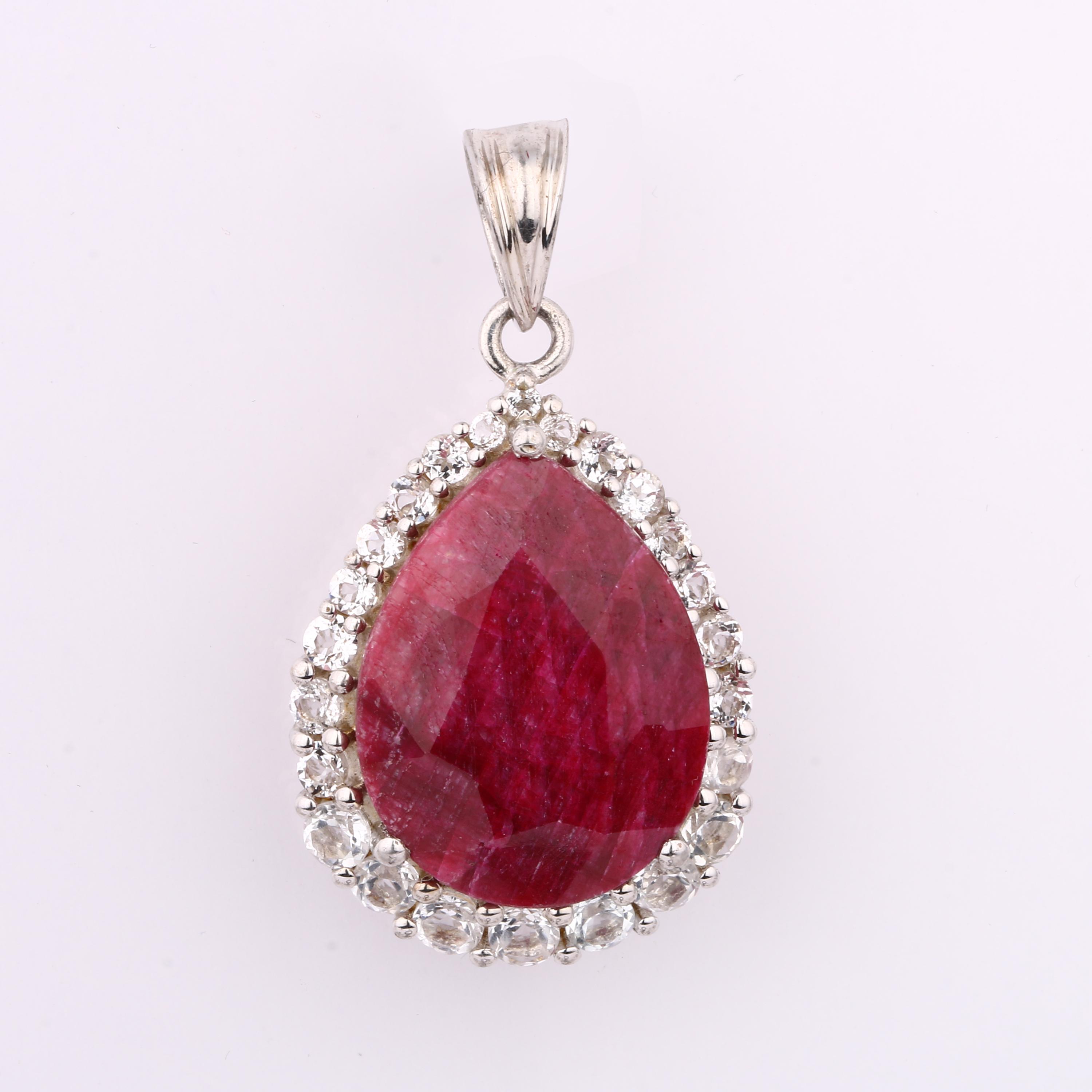 

Dyed Ruby Pear Pendant 925 Sterling Silver Rhodium Plated White Topaz Handmade Fine Jewelry Gift for Her срібний