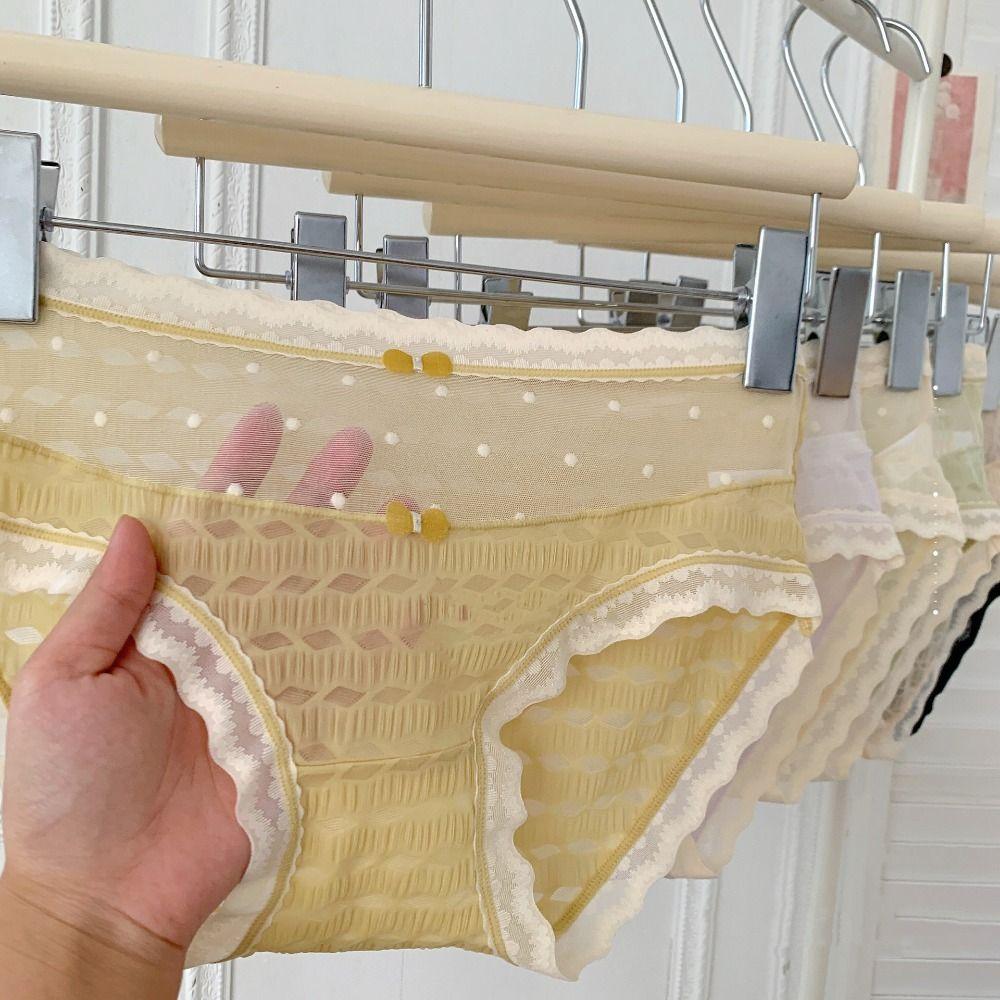 Mid Waist Underwear for Women Bow Mesh Briefs Summer Lace Seamless Panties Female