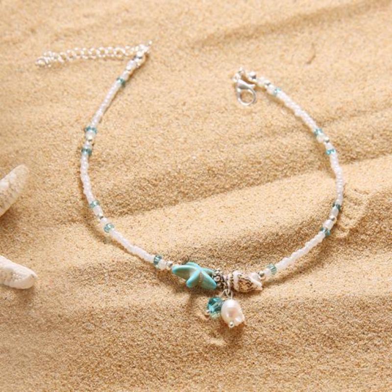 Boho Lady perles étoile de mer charme pieds nus sandale pied chaîne cheville bracelet de cheville