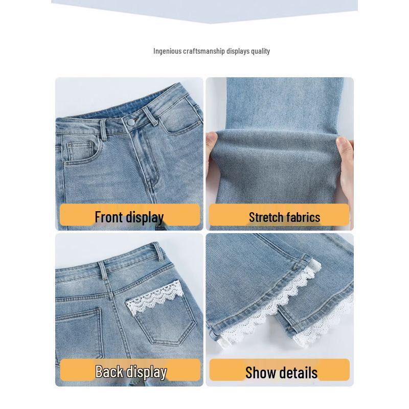 Women's Autumn High-Waisted Petite Plus Size Slimming Micro-Flare Cropped Jeans with Blue Lace Trim