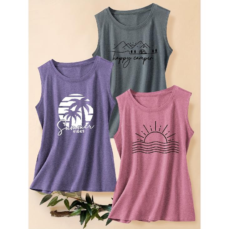 Three-piece Set of Women's Casual Sporty Tops with Landscape, Tree, Sun, and Mountain Peak Prints In a Fashionable Retro Style, Round-neck Tank Tops