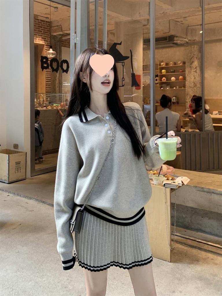 Korean Style Loose Fit Knitted Sweater & Pleated Midi Skirt Two-Piece Set
