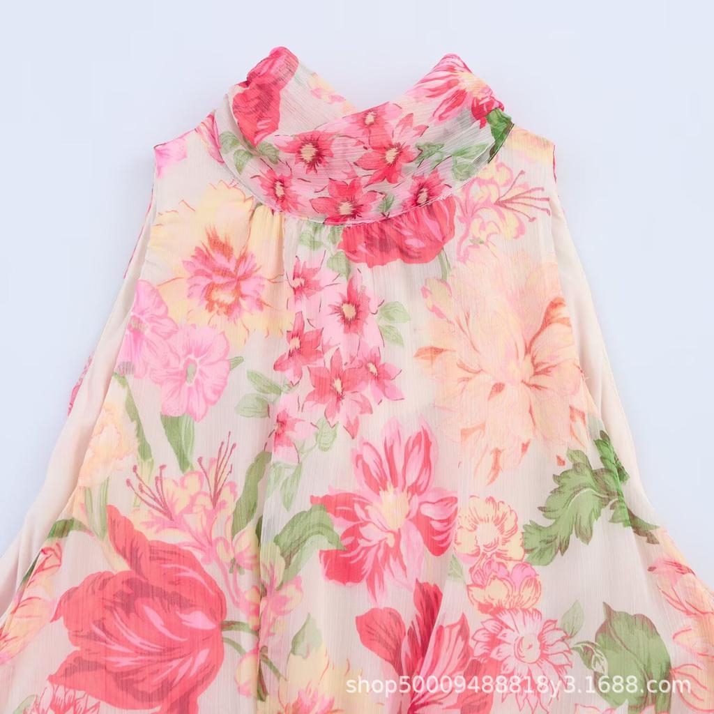 Women's clothing spring and summer new European and American fashion temperament with belt laminated decorative printed dress