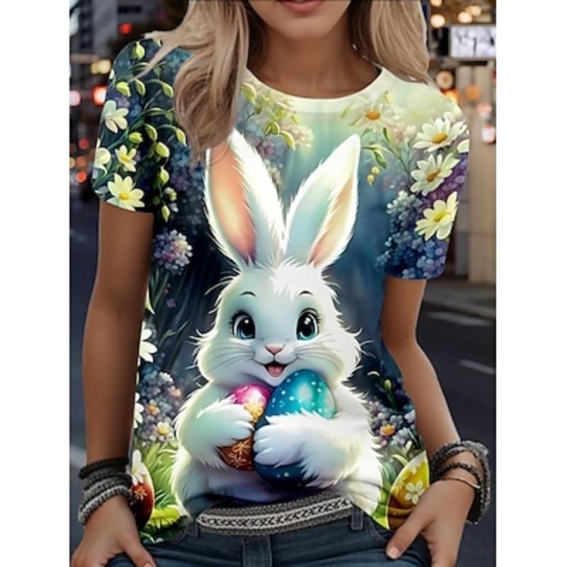 

Футболка женская пасхальная с изображением животных, повседневная, с коротким рукавом, круглым вырезом, обычные топы, повседневный принт, розовая, синяя, лето, весна 2XL